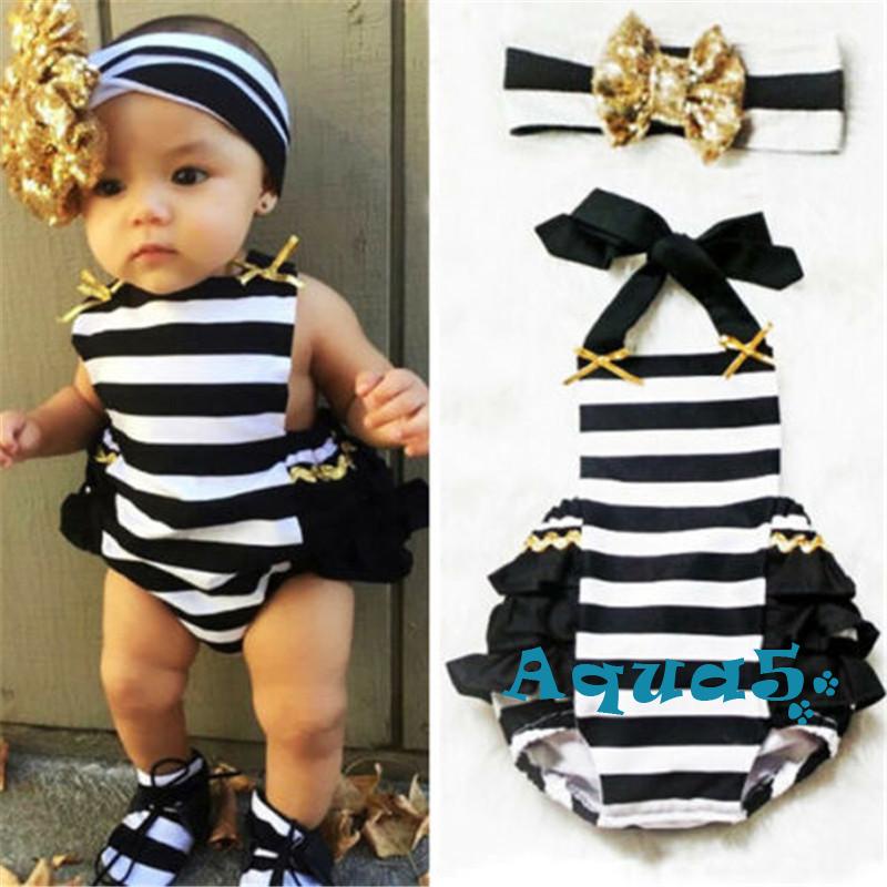Set Áo Liền Quần Sọc Ngang + Băng Đô Nơ Đáng Yêu Cho Bé Gái