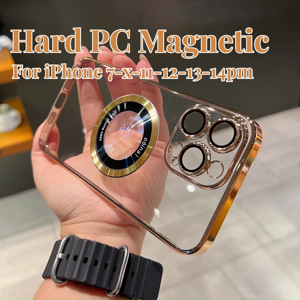 Ốp Điện Thoại PC Cứng Viền Nam Châm Mạ Vàng 6D Sang Trọng Cho iPhone X Xs 11 12 13 14 Pro Max Xr 7 8 14 Plus i8 SE2020 11pro Trong Suốt