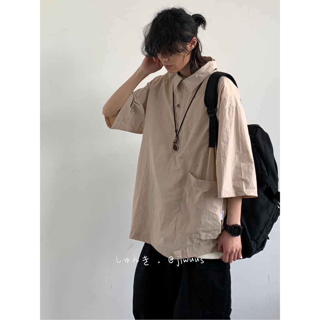 Áo Sơ Mi Xanh Navy Ngắn Tay Dáng Rộng Phong Cách Retro Mùa Hè Cho Nam Nữ