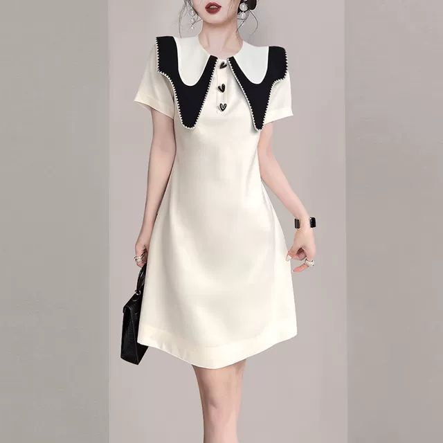 Đầm Tay Ngắn Cổ Búp Bê Màu Tương Phản Phong Cách Pháp Thời Trang Mùa Hè Cho Nữ