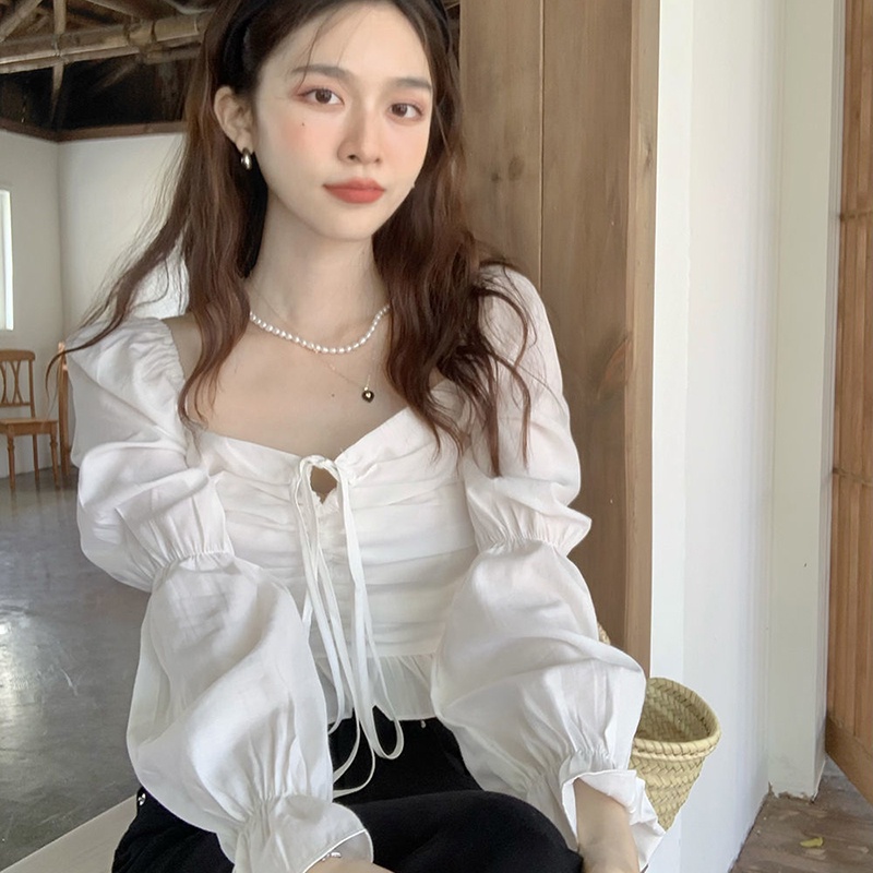 IELGY Áo Croptop Cổ Vuông Tay Phồng Phong Cách Pháp Cổ Điển Thời Trang Cho Nữ