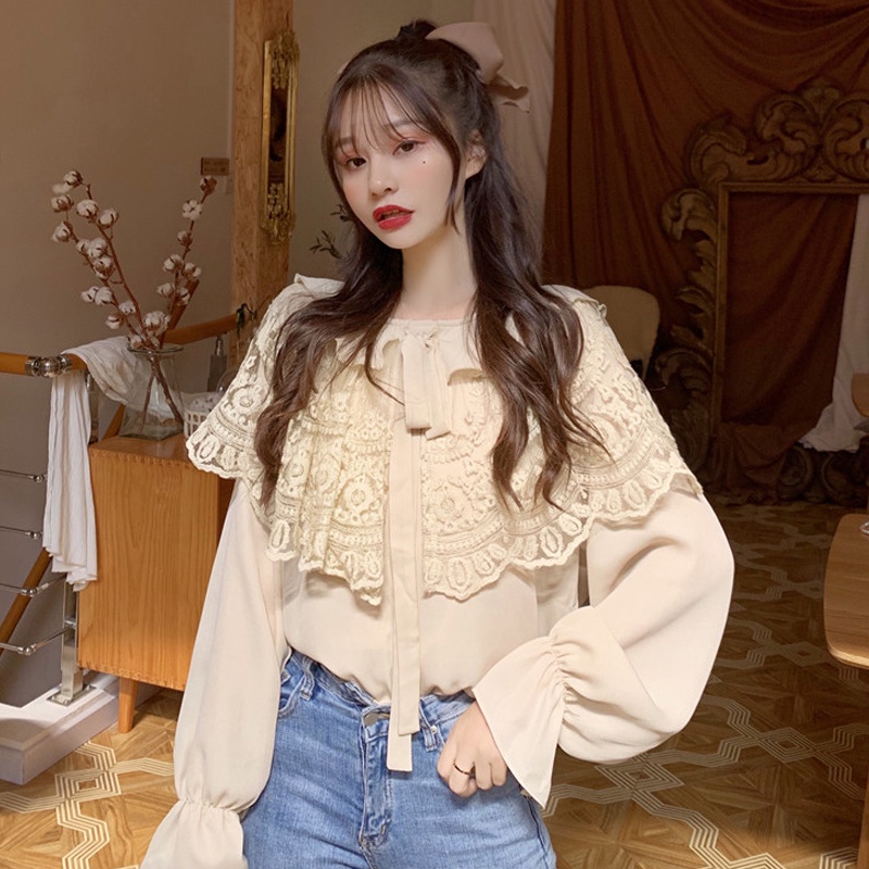 Áo Sơ Mi Voan Phối Bèo Nhún Màu Trắng Mơ Phong Cách Lolita Nhật Bản Thanh Lịch Thời Trang Xuân Thu 2020 Cho Nữ