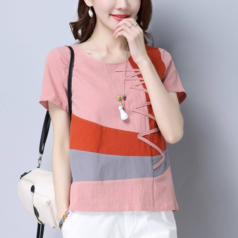 Áo Thun Cotton Lanh Tay Ngắn Dáng Rộng Phong Cách Retro Mùa Hè Dành Cho Nữ