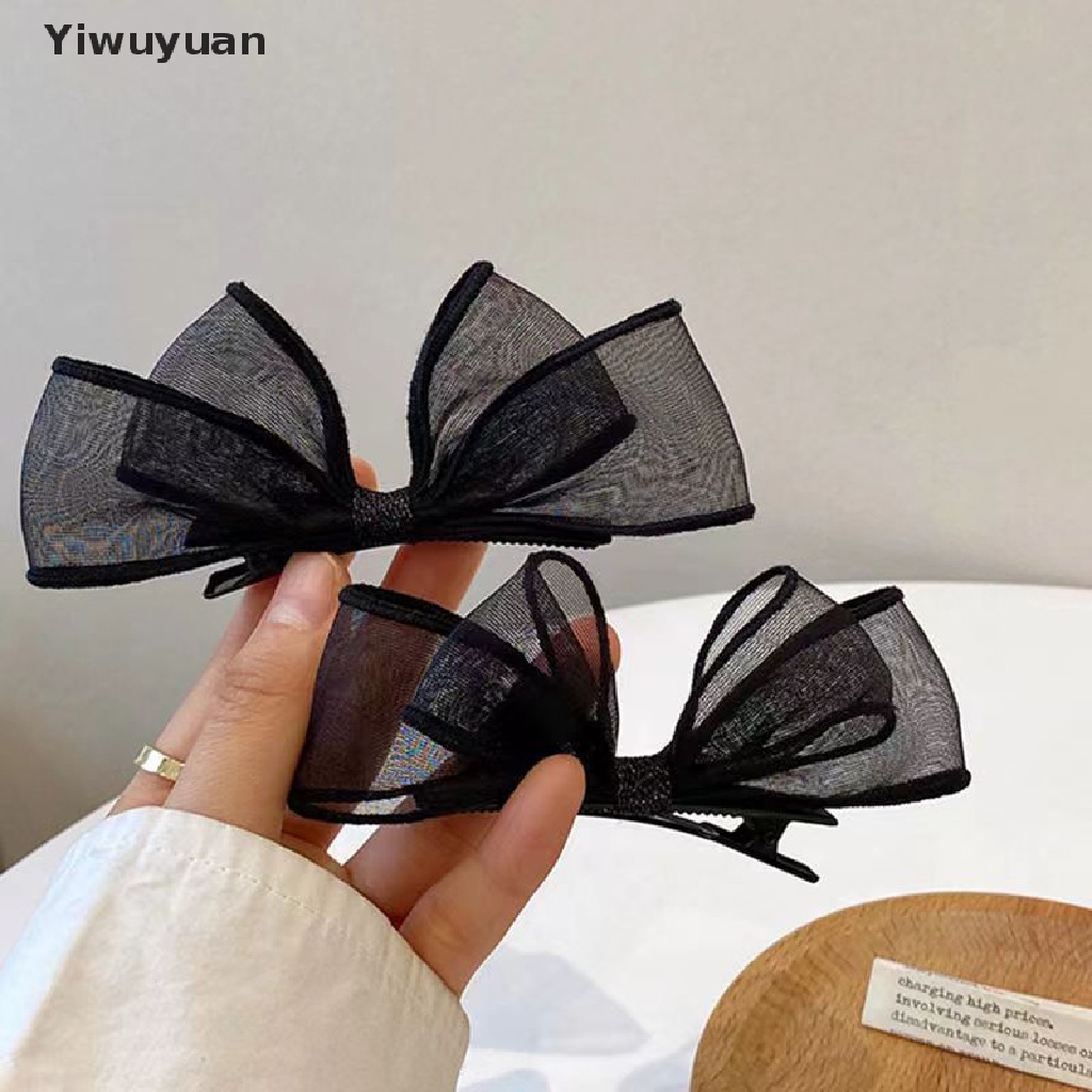 < Yiwuyuan > Kẹp Tóc Nơ Lưới Hai Lớp Phối Ren Màu Đen Ngọt Ngào Thời Trang Ngọt Ngào Cho Nữ Sinh