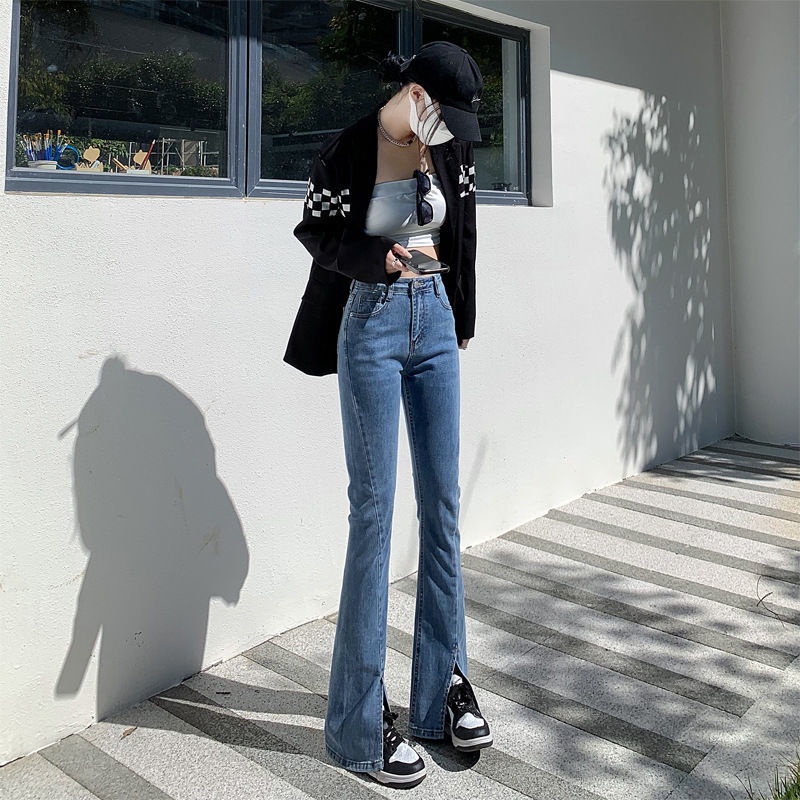 quần jeans ống loe xẻ tà lưng cao quần jean nữ dài xẻ quần đen hàn quốc màu xanh cổ điển Có độ đàn hồi