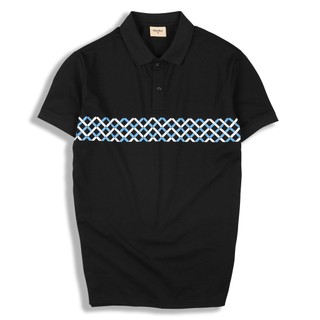  Áo polo đen họa tiết in lụa xanh trắng, đứng form, vải CVC dày dặn, cá tính
