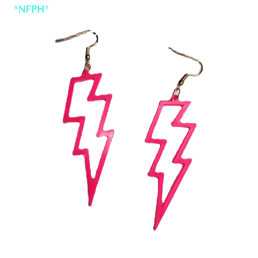Nfph > Bông Tai Acrylic Dáng Dài Hình Tia Chớp Màu Xanh Lá Neon Phong Cách Retro Cho Nữ Mới