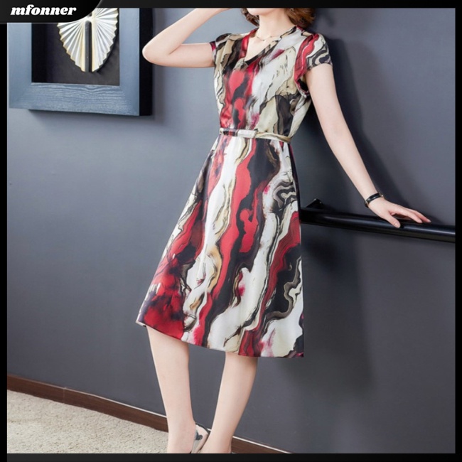 Đầm Tay Ngắn Cổ Chữ V Eo Cao Bằng Lụa Mát In Họa Tiết Thời Trang Dành Cho Nữ