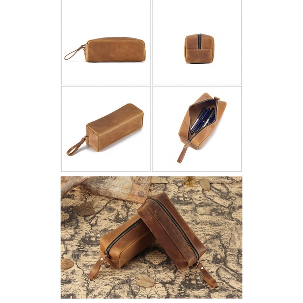 Túi Đựng Bút Bằng Da Bò Đa Năng Phong Cách Retro Đơn Giản