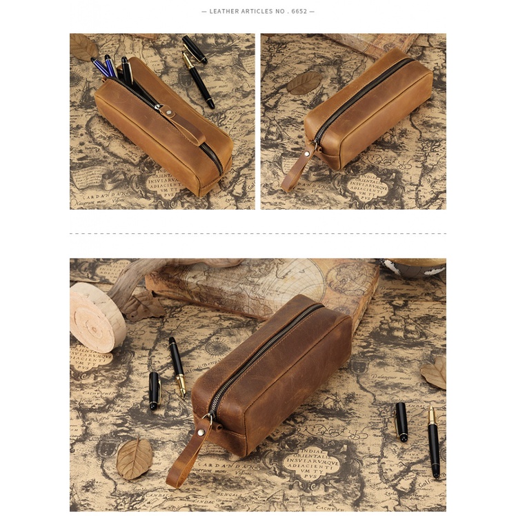 Túi Đựng Bút Bằng Da Bò Đa Năng Phong Cách Retro Đơn Giản