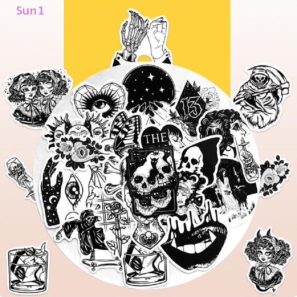 Set 50 Sticker Màu Trắng Đen Phong Cách Gothic Dùng Để Trang Trí Ván Trượt