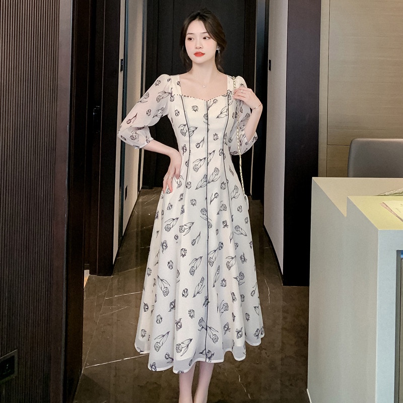 Đầm Hoa Tay Lỡ Phối Dây Rút Thời Trang Xuân Hè Trẻ Trung