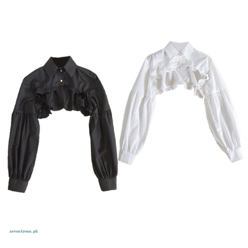 [seve *] Áo Sweater Tay Phồng Dài Nửa Đầu Có Nút Tháo Rời Được Trang Trí Cho Nữ Acc