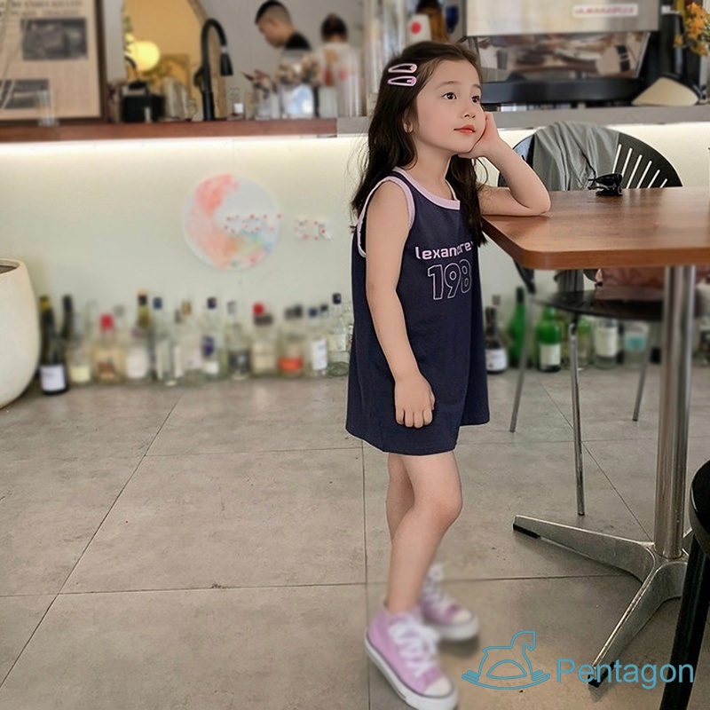 Đầm Thun Không Tay Cổ Tròn In Chữ Thời Trang Mùa Hè Dành Cho Bé Gái