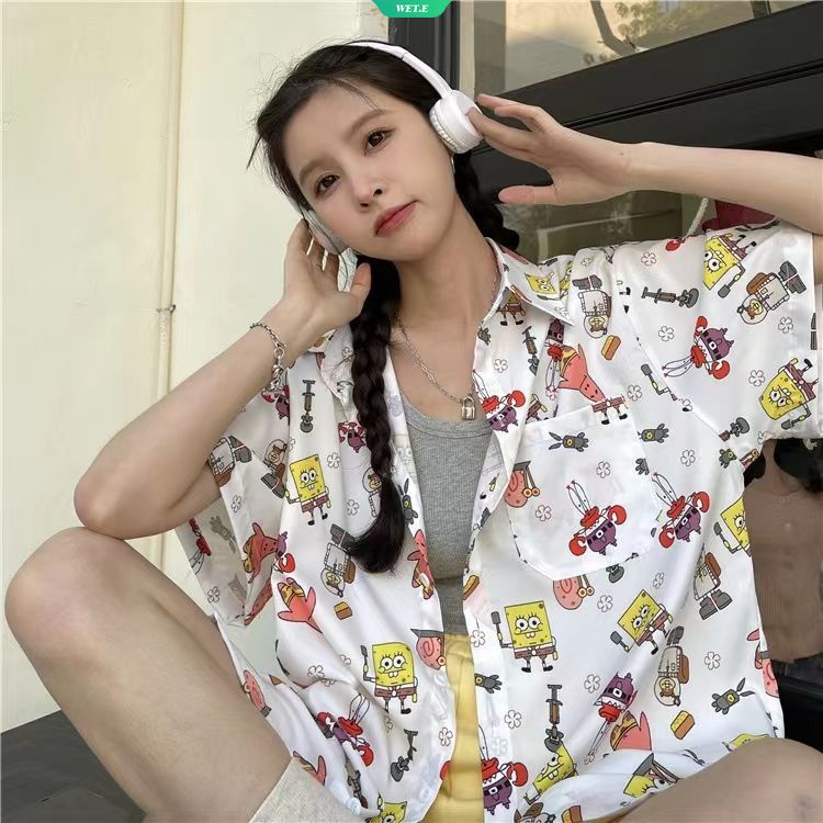 Áo Sơ Mi Ngắn Tay Dáng Rộng In Hình Spongebob Phong Cách Retro Nhật Bản Thời Trang Mùa Hè 2023 Dành Cho Nữ Sinh
