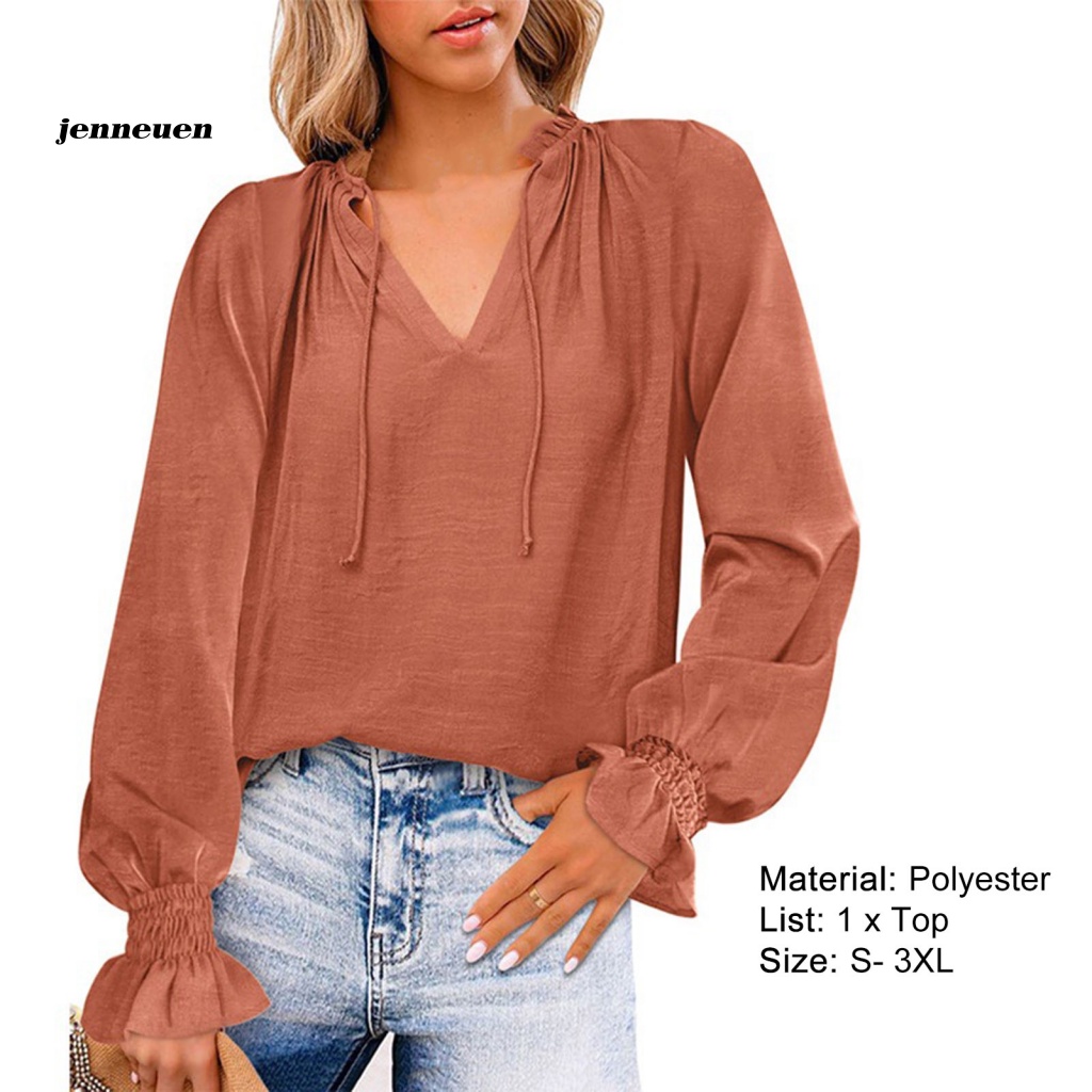 Áo Sơ Mi Voan Tay Dài Phồng Cổ Chữ V Màu Trơn Thắt Dây Phía Trước Kiểu Dáng Đơn Giản Cho Nữ