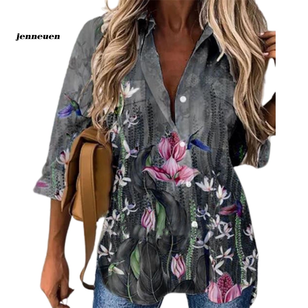 Áo Sơ Mi Cổ Bẻ Dáng Rộng In Họa Tiết Hoa Phong Cách Đường Phố Thời Trang Cho Nữ