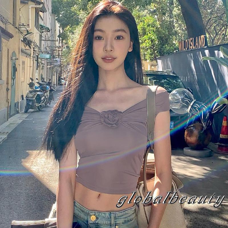 Áo Croptop Trễ Vai Tay Ngắn Màu Sắc Trơn Thời Trang Mùa Hè Cho Nữ