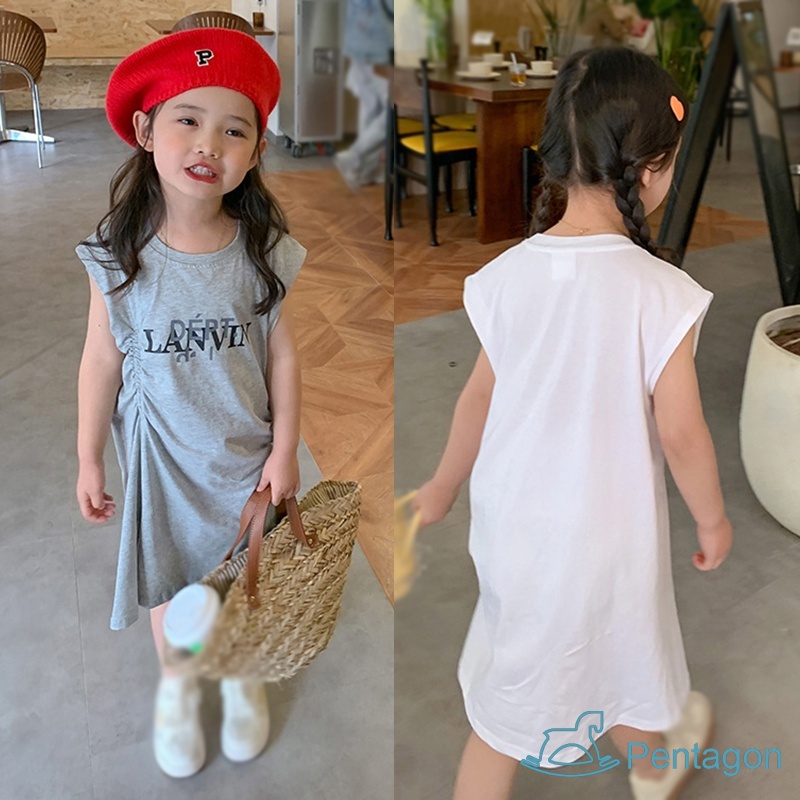 Đầm Thun Cotton Sát Nách Cổ Tròn In Chữ Thời Trang Mùa Hè Cho Bé Gái