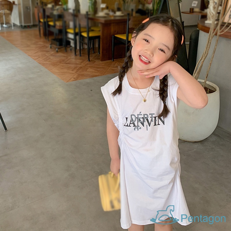 Đầm Thun Cotton Sát Nách Cổ Tròn In Chữ Thời Trang Mùa Hè Cho Bé Gái