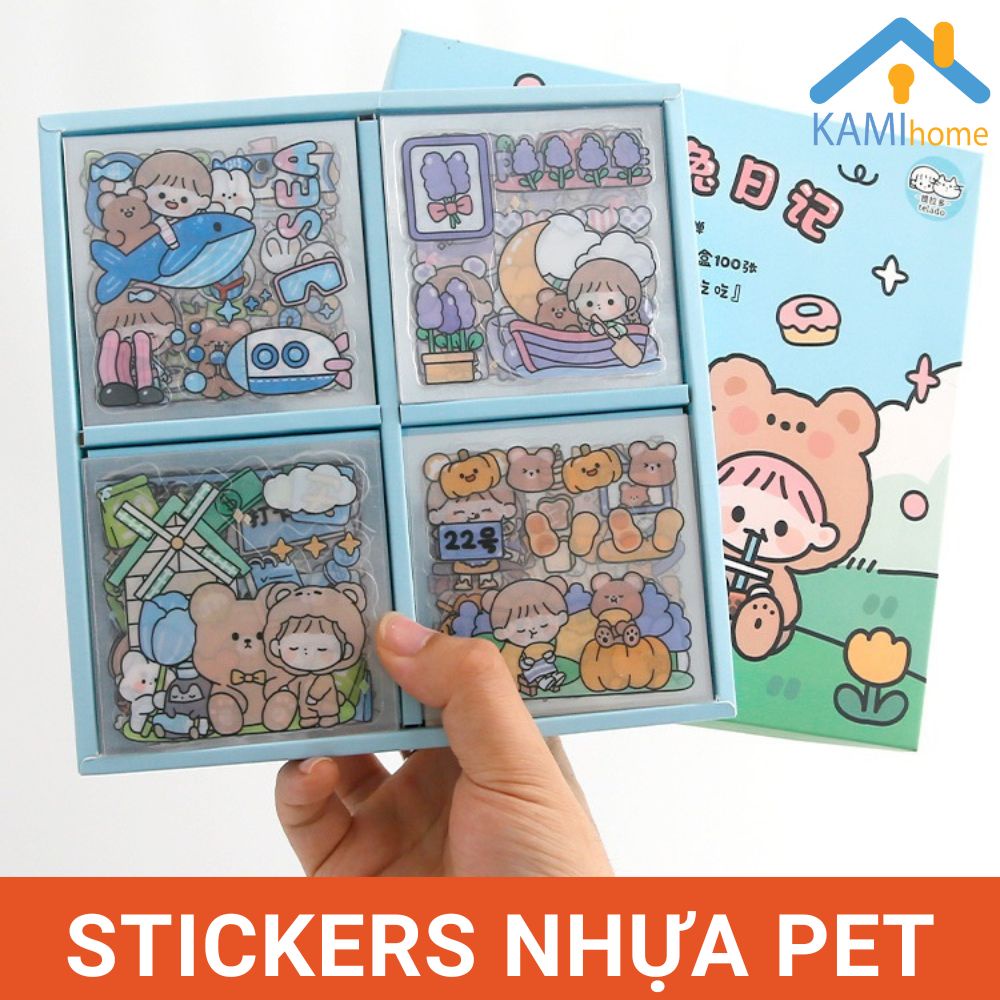 (Hộp 100 tờ) Stickers nhựa trang trí bàn học điện thoại bình ly nước KM 22096