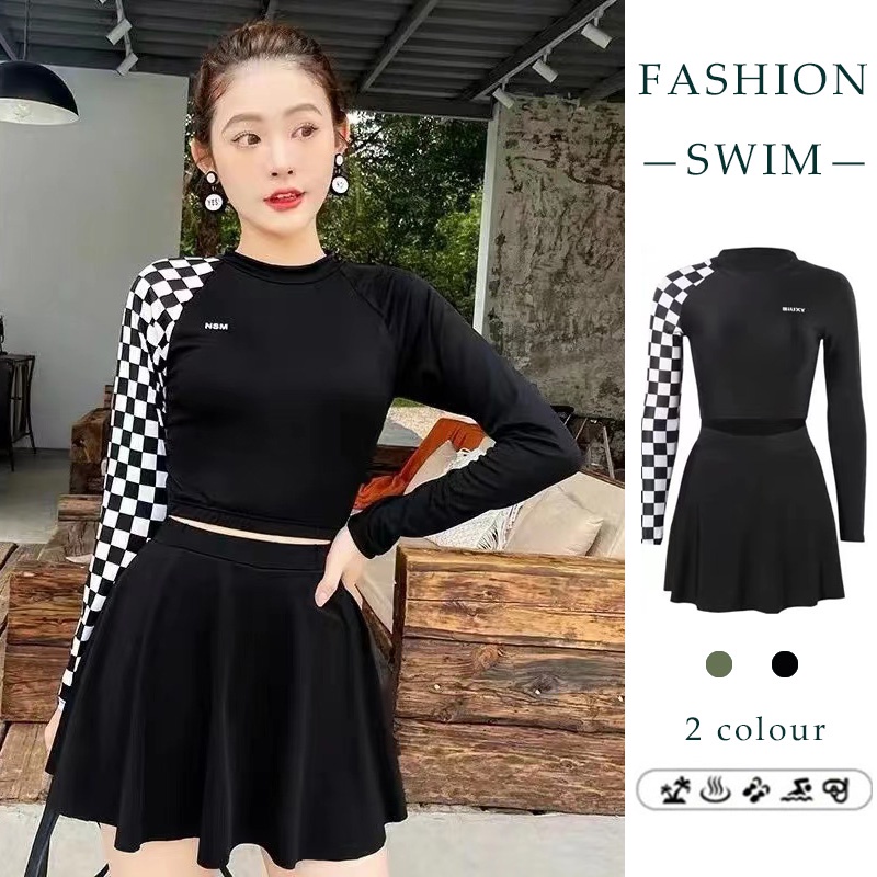 Bộ Đồ Bơi Hai Mảnh Dài Tay Họa Tiết Caro Thời Trang Hàn Quốc Cho Nữ