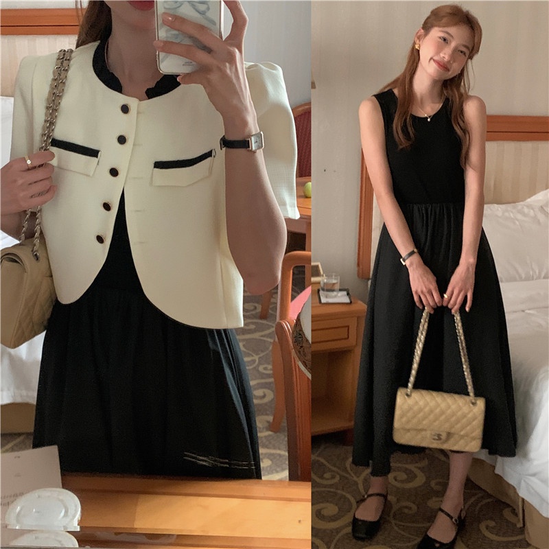 SUXI Bộ Áo Khoác Blazer Ngắn Tay + Đầm Ôm Không Tay Màu Sắc Đơn Giản Phong Cách Vintage Hàn Quốc