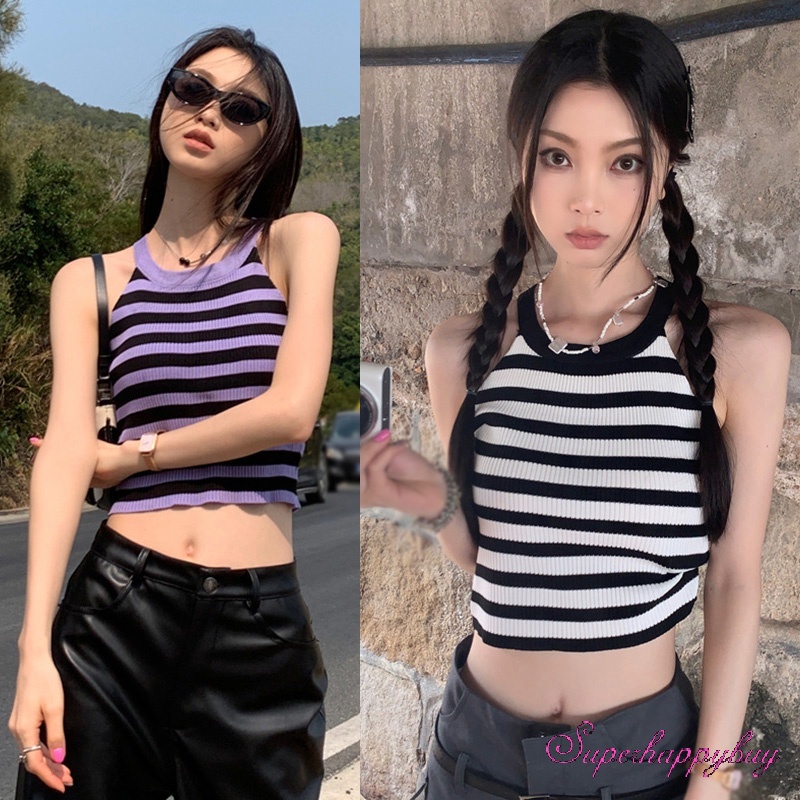 Áo Tank Top Dệt Kim Sát Nách Dáng Ôm In Họa Tiết Kẻ Sọc Thời Trang Mùa Hè Cho Nữ