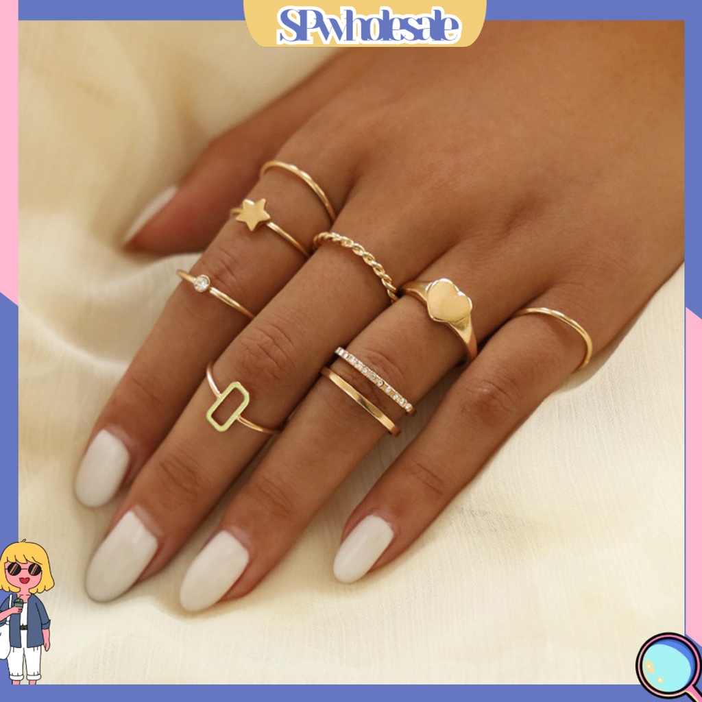 <SPwholesale> Set 8 Nhẫn Đeo Tay Kim Loại Đính Đá Thời Trang Cho Nữ