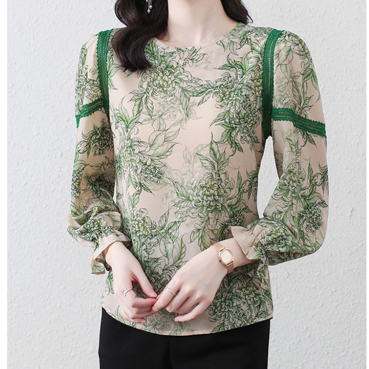 Áo Sơ Mi Chiffon Cổ Tròn Tay Dài Màu Xanh Lá In Họa Tiết Thời Trang Mùa Xuân Cho Nữ