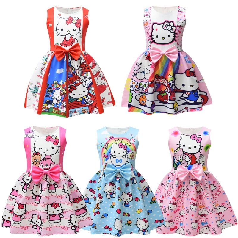 Đầm Xếp Ly Sát Nách In Hình Hello Kitty Đính Nơ Thời Trang Mùa Hè Xinh Xắn Cho Bé Gái