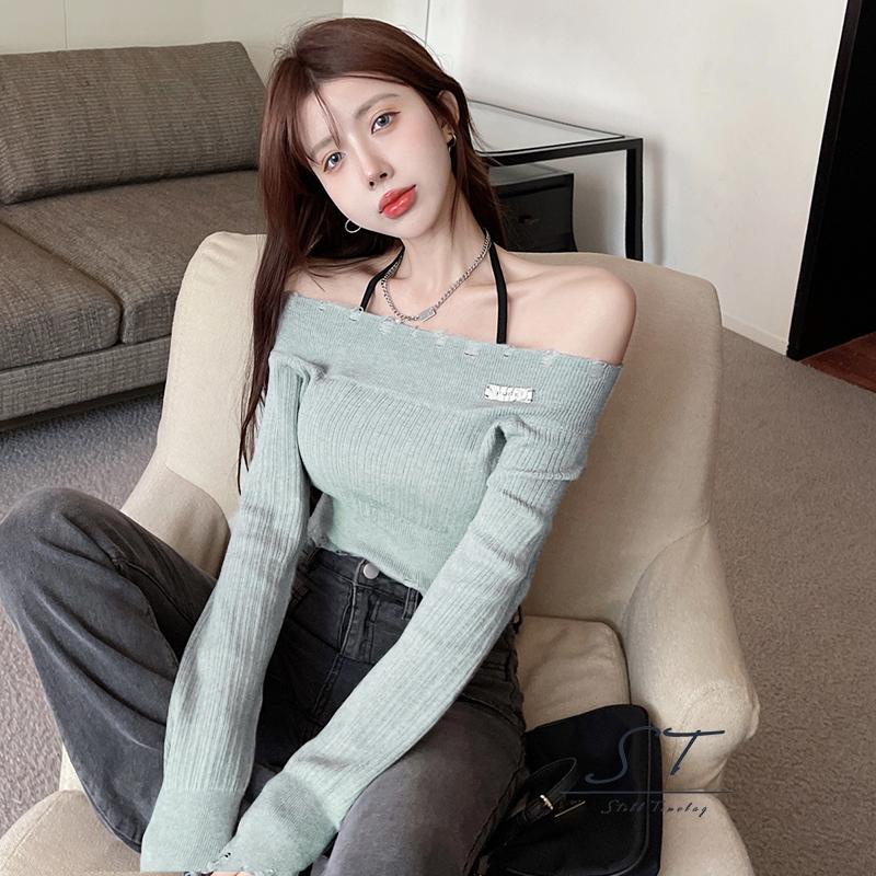 Áo Croptop Dệt Kim Trễ Vai Tay Dài Màu Trơn Thời Trang Đường Phố Cho Nữ