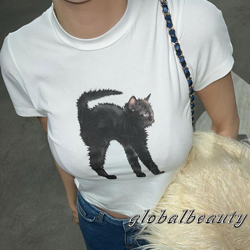 Áo Thun Tay Ngắn Cổ Tròn In Hình Mèo Thời Trang Mùa Hè Dành Cho Nữ