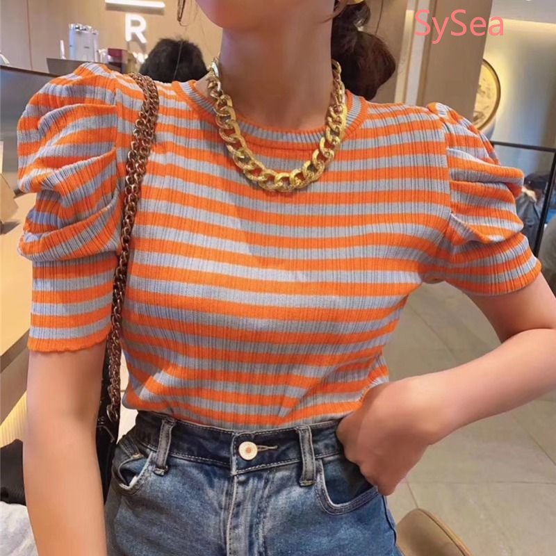 Áo Dệt Kim Tay Phồng Họa Tiết Kẻ Sọc Thời Trang Mùa Hè Hàn Quốc Cho Nữ