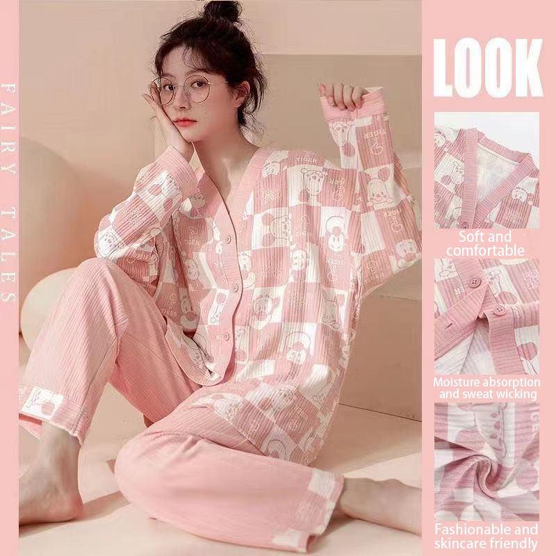 Bộ Đồ Ngủ Tay Dài In Họa Tiết Hoạt Hình Dễ Thương Thời Trang Xuân Thu Cho Nữ