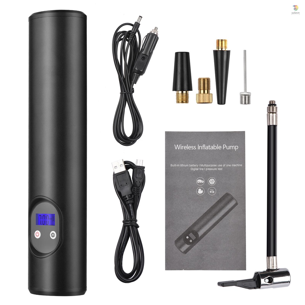 Máy Bơm Lốp Xe Hơi Mini 12V 150 PSI Màn Hình LCD Kỹ Thuật Số Có Đèn LED Sạc Pin 2000mAh