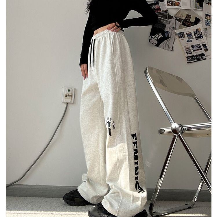 Jiashucheng Quần Dài Thể Thao Dáng Suông In Chữ Màu Trắng Xám Kiểu Hip-Hop Cá Tính Cho Nữ