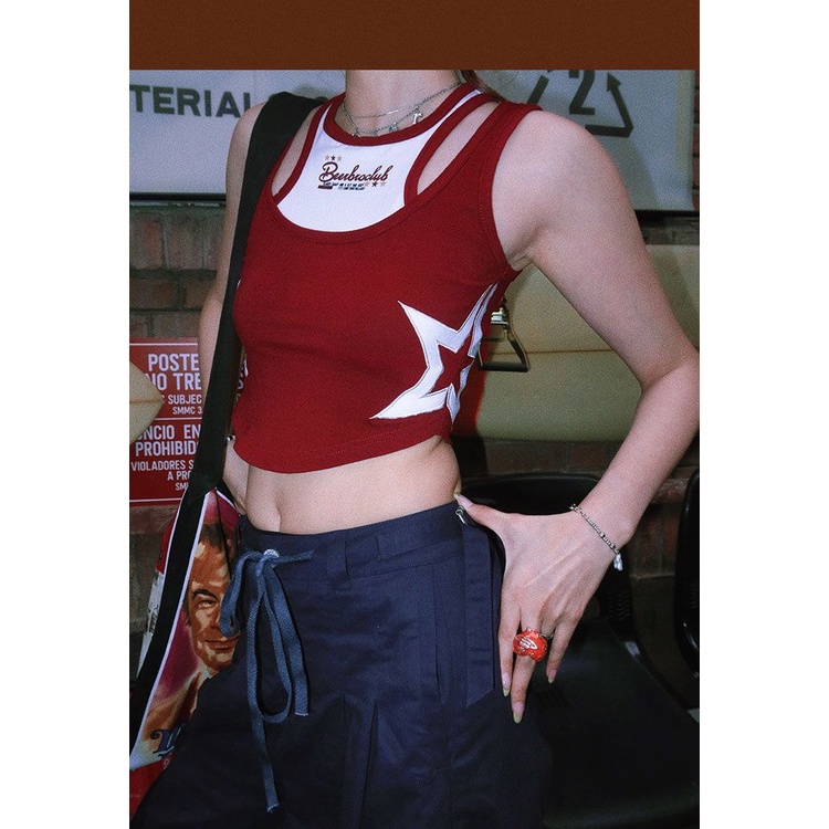 Áo Tank Top Giả Hai Lớp Màu Sắc Tương Phản Họa Tiết Ngôi Sao Thời Trang Cho Nữ 2000s Y2K
