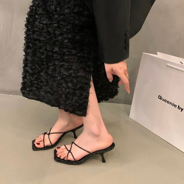 Giày Cao Gót 7CM Da PU Bóng Mũi Vuông Phong Cách Roman Cao Cấp