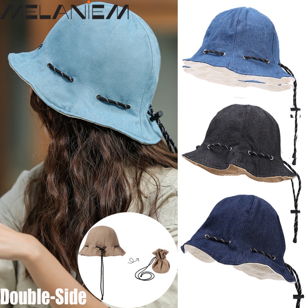 Nón Tai Bèo Vải Jean Hai Mặt Mềm Gấp Gọn Có Dây Rút Chống Nắng Đa Năng Thời Trang Mùa Hè Cho Nam Và Nữ