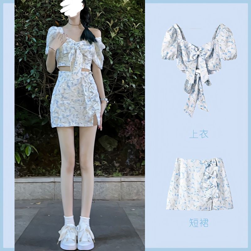 Summer Salt Series Bộ Áo Phối Chân Váy In Hoa Màu Trơn Kiểu Đường Phố Yujie Influencer Fried Hot Girl