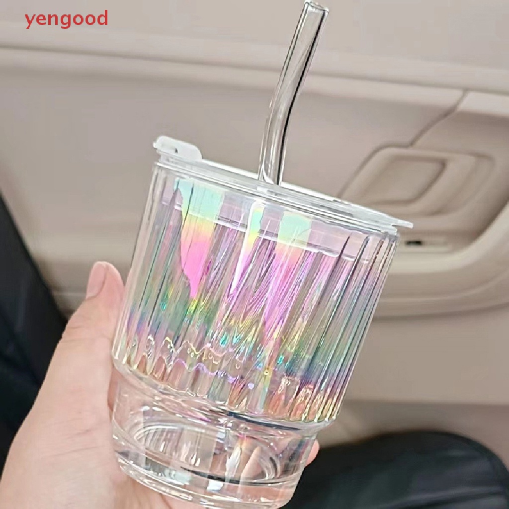 Cốc Thủy Tinh Uống Bia / Trà Sữa / Nước Ép Có Nắp Và Ống Hút Dung Tích 400ML