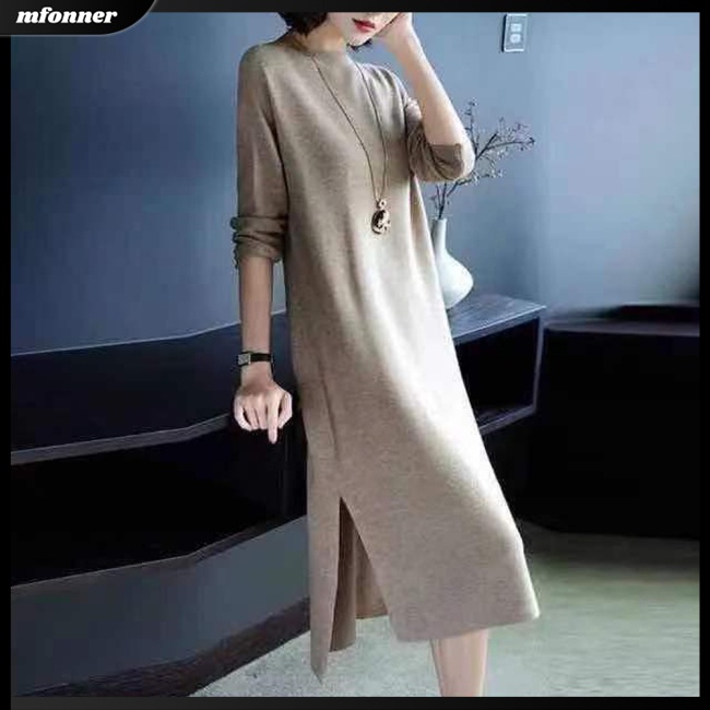 Đầm Tay Dài Cổ Tròn Dáng Rộng Xẻ Tà Màu Trơn Thời Trang Cho Nữ