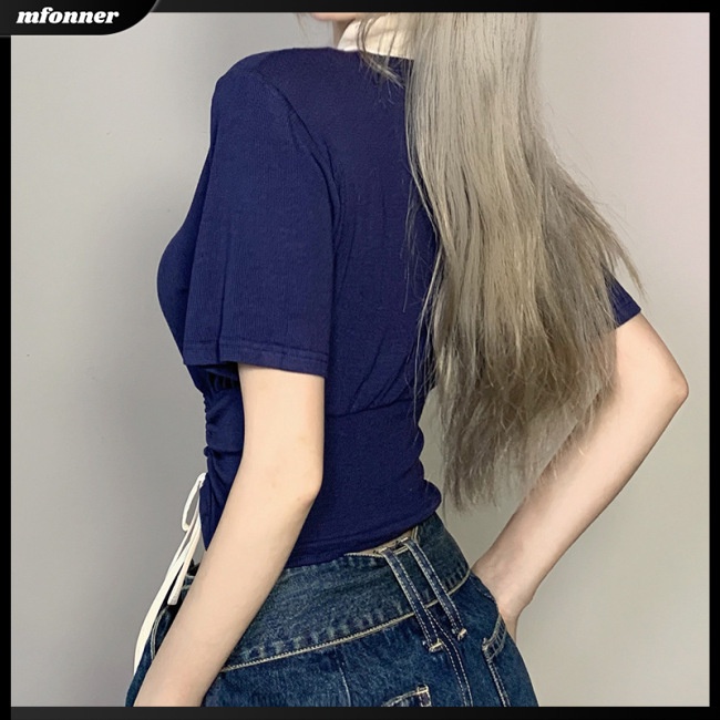 Áo Thun Crop Top Tay Ngắn Phối Dây Rút Màu Sắc Tương Phản Thời Trang Mùa Hè Cho Nữ