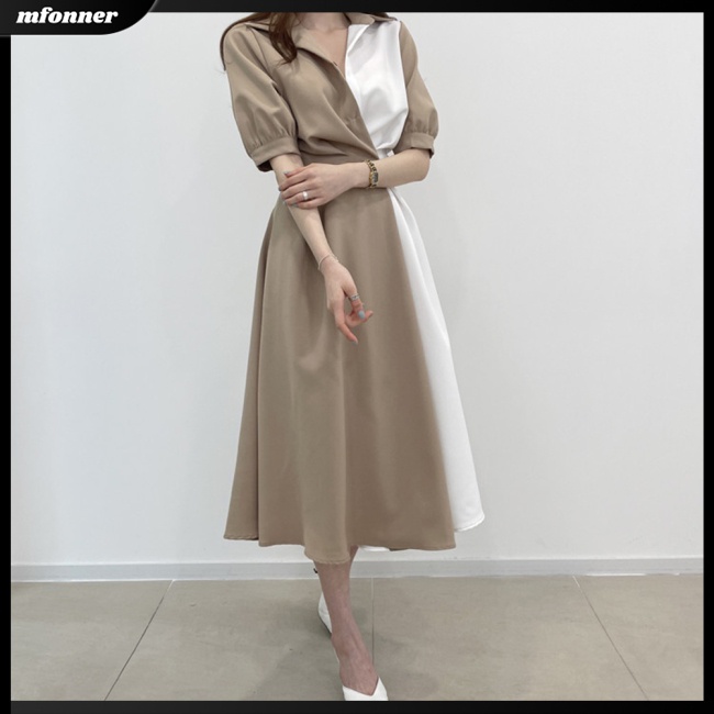 Đầm Tay Phồng Cổ Chữ V Màu Sắc Tương Phản Thời Trang Mùa Hè Cho Nữ