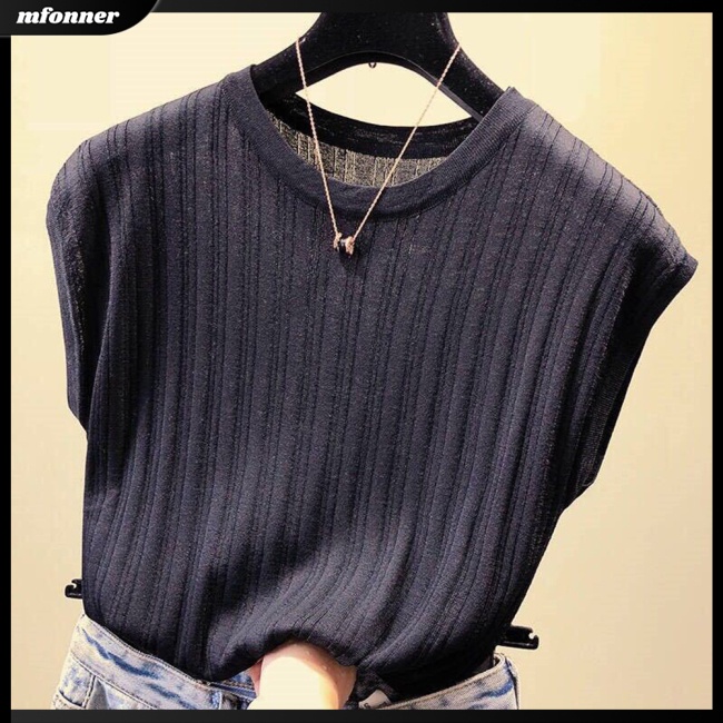 Áo Dệt Kim Tay Ngắn Cổ Tròn Màu Sắc Đơn Giản Cho Nữ Có Size Lớn