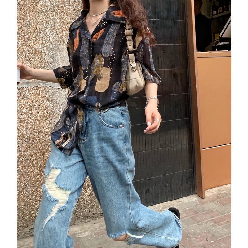 SUXI Áo Sơ Mi Tay Ngắn Dáng Rộng In Họa Tiết Phong Cách Cổ Điển Thời Trang Cho Nữ