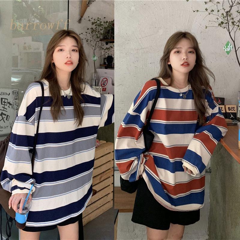 Áo Thun Tay Dài Cổ Tròn Họa Tiết Kẻ Sọc Thời Trang Phong Cách Hàn Quốc Cho Nữ