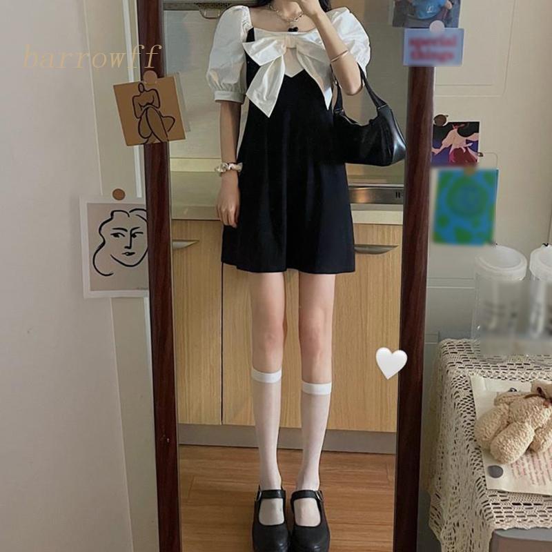 Đầm Tay Ngắn Phồng Cổ Vuông Dáng Chữ A Màu Sắc Tương Phản Phong Cách Preppy Cổ Điển Thời Trang Cho Nữ