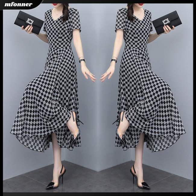 Đầm Midi Tay Ngắn Cổ Chữ V Họa Tiết Caro Thời Trang Mùa Hè Cho Nữ